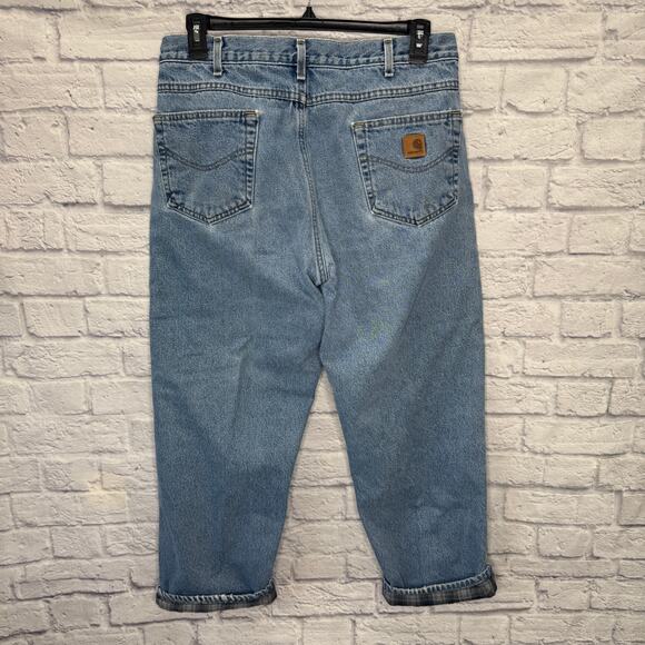 Carhartt Flannel Lined Mens 35x28 Jeans Relaxed Fit Straight Leg Light Wash - Picture 8 of 9